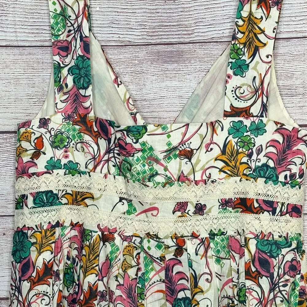 Sundance 100% Linen Girly Lace Floral Bright Fun Preppy Cottage Dress Size 12